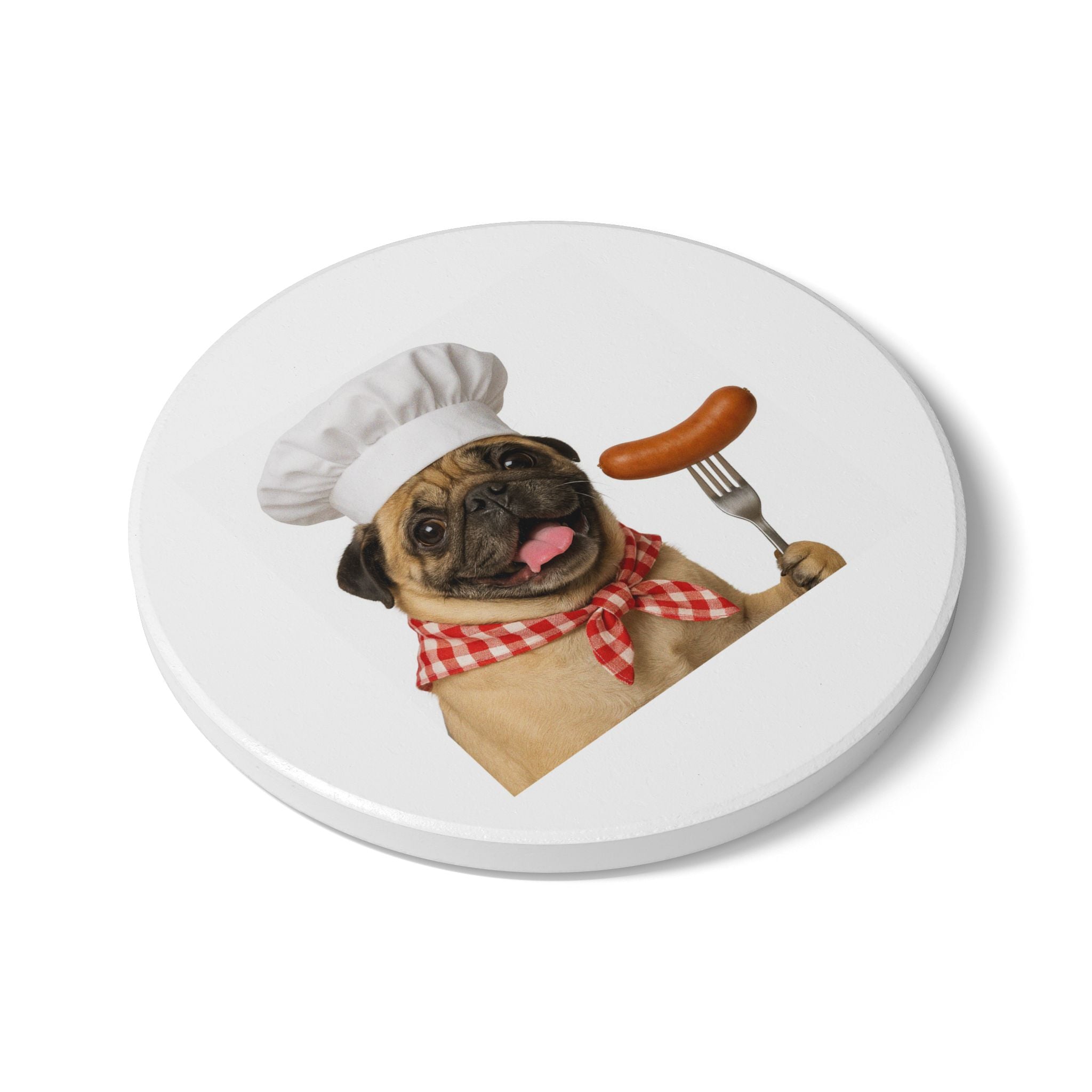 Otis Pug Chef Ceramic Coaster — Cute Dog with Sausage Kitchen Drink Coaster