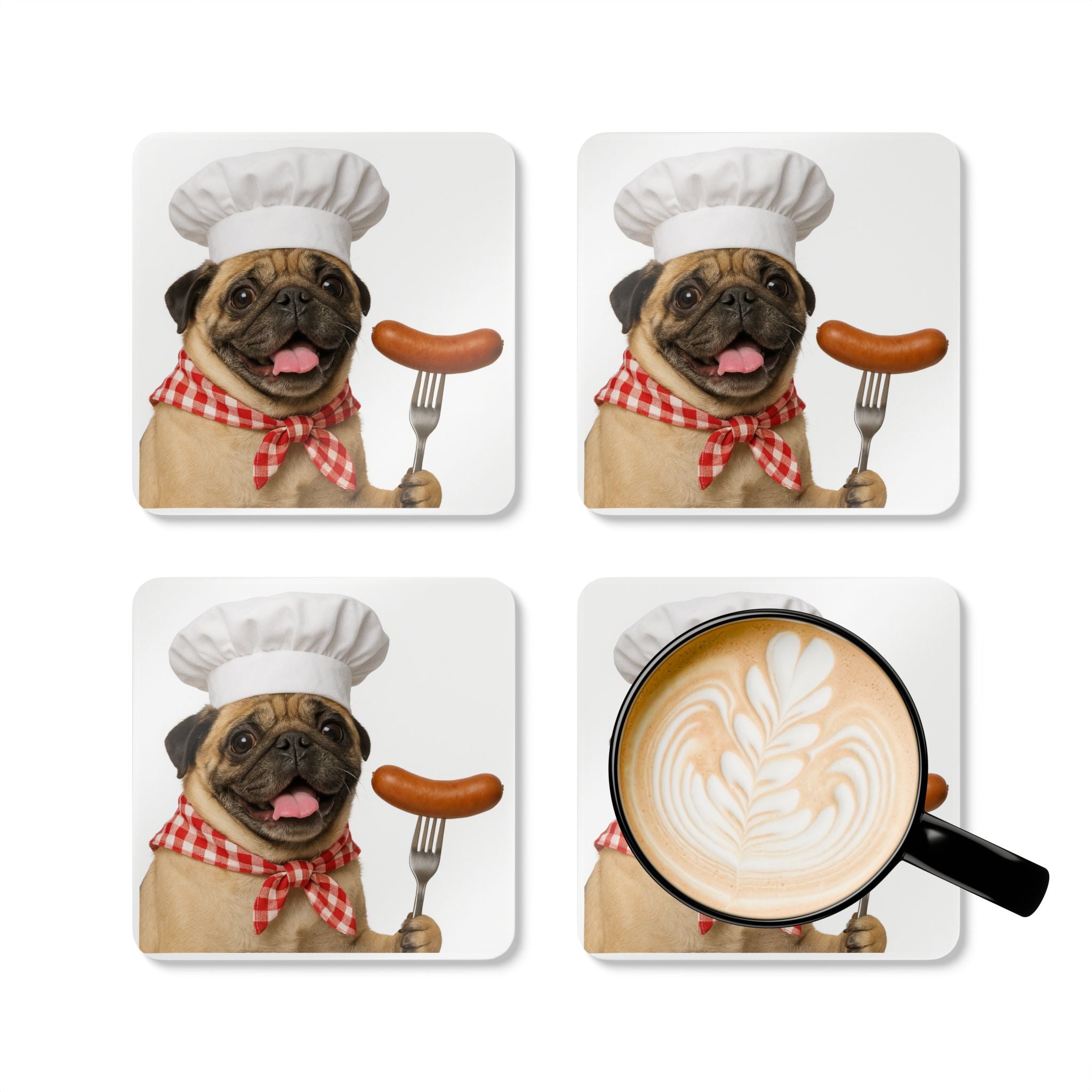 Otis Pug Chef Cork Coaster Set – Cute Dog with Sausage Kitchen Drink Coasters (4-Pack)