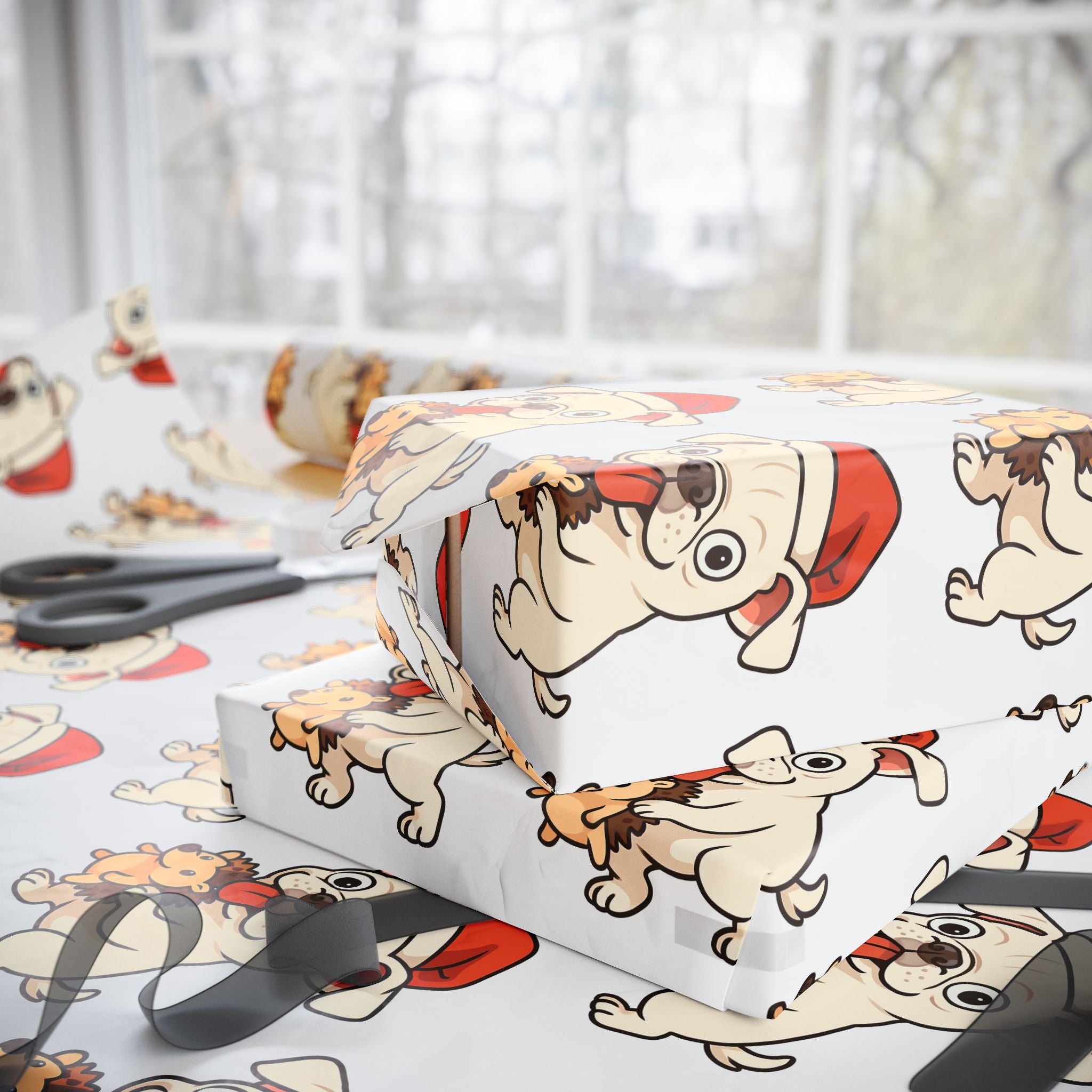 Cape May Pug Pattern Wrapping Paper - Cute Cartoon Pugs Gift Wrap Roll