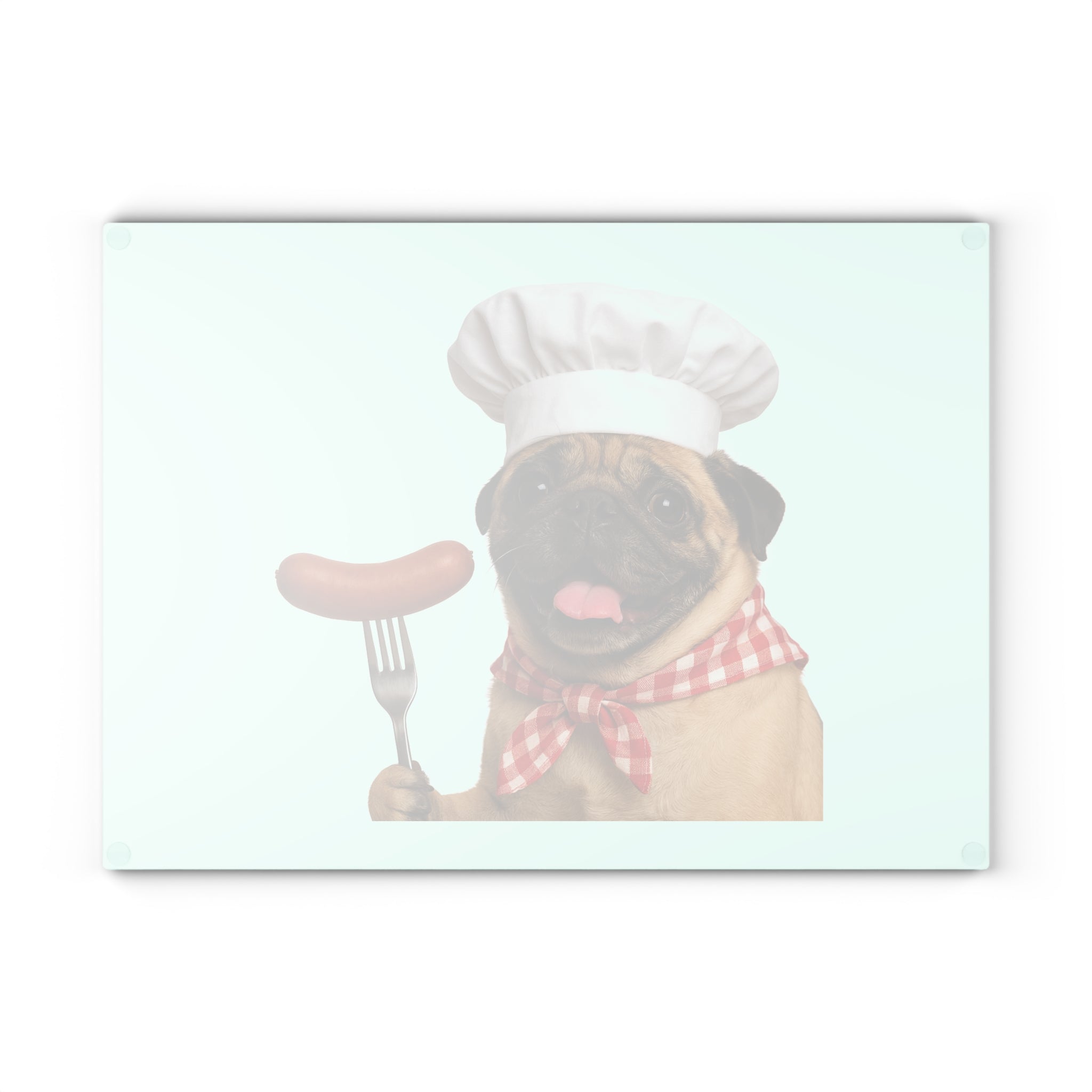 Glass Cutting Board - Cute Chef Pug with Sausage Kitchen Decor