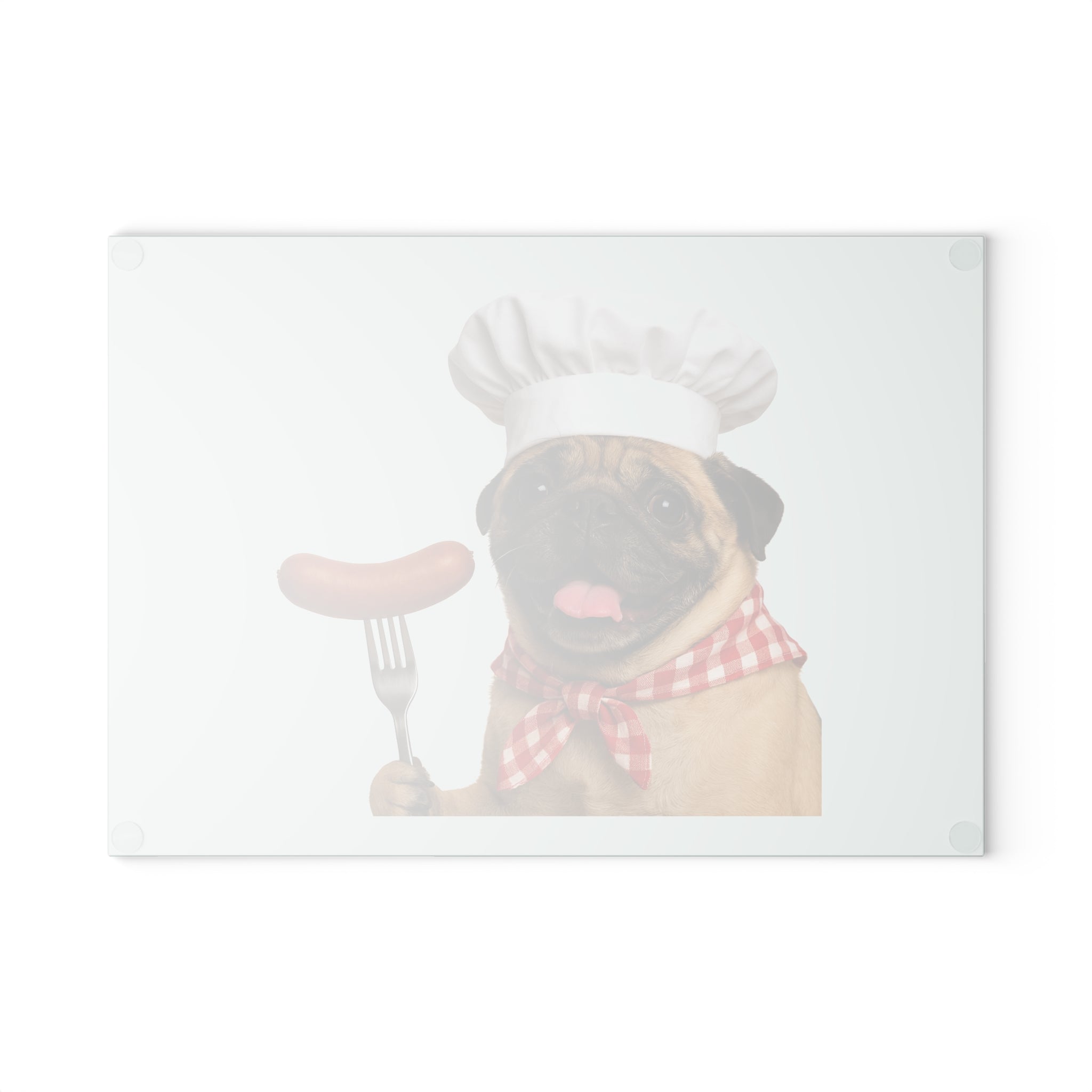 Glass Cutting Board - Cute Chef Pug with Sausage Kitchen Decor