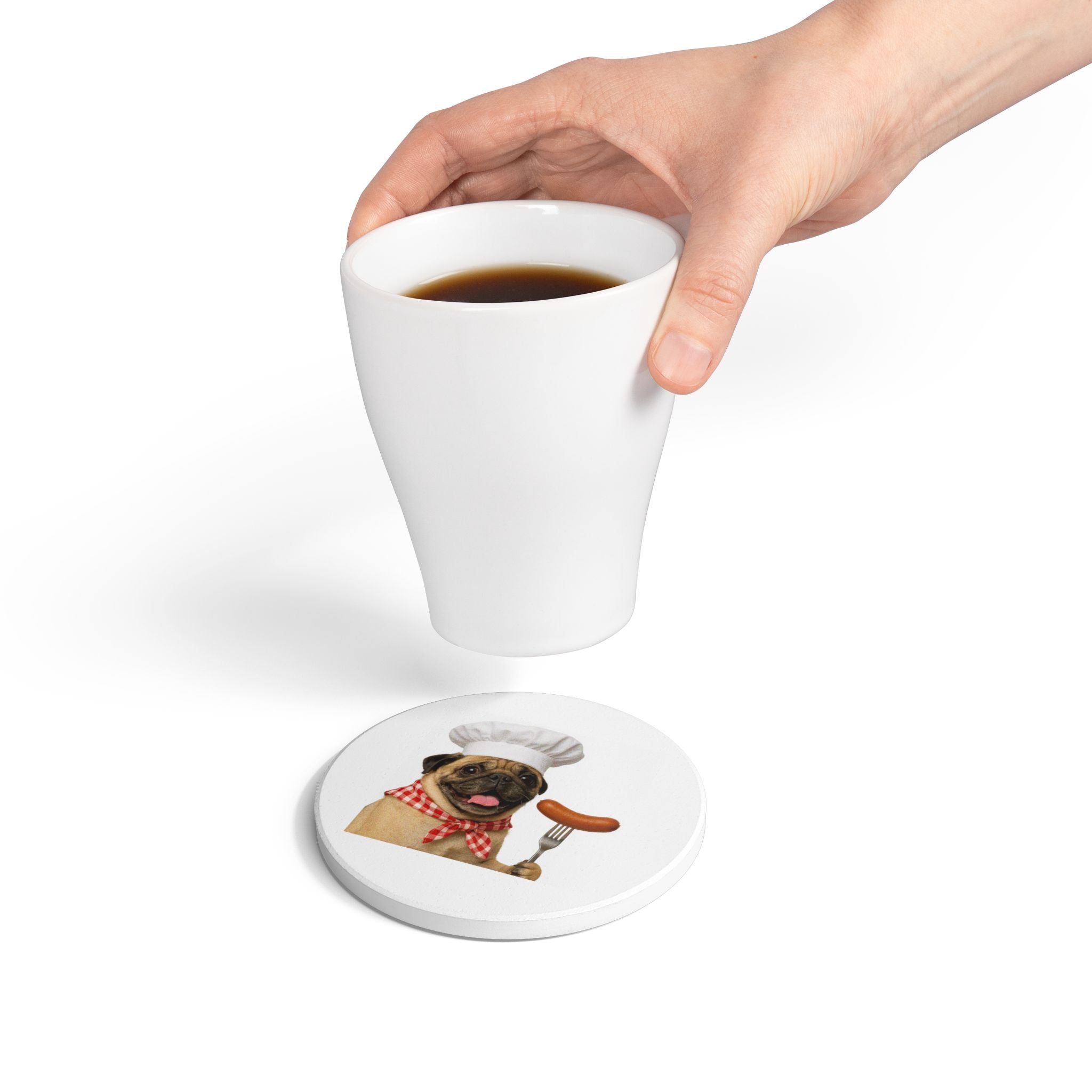 Otis Pug Chef Ceramic Coaster — Cute Dog with Sausage Kitchen Drink Coaster