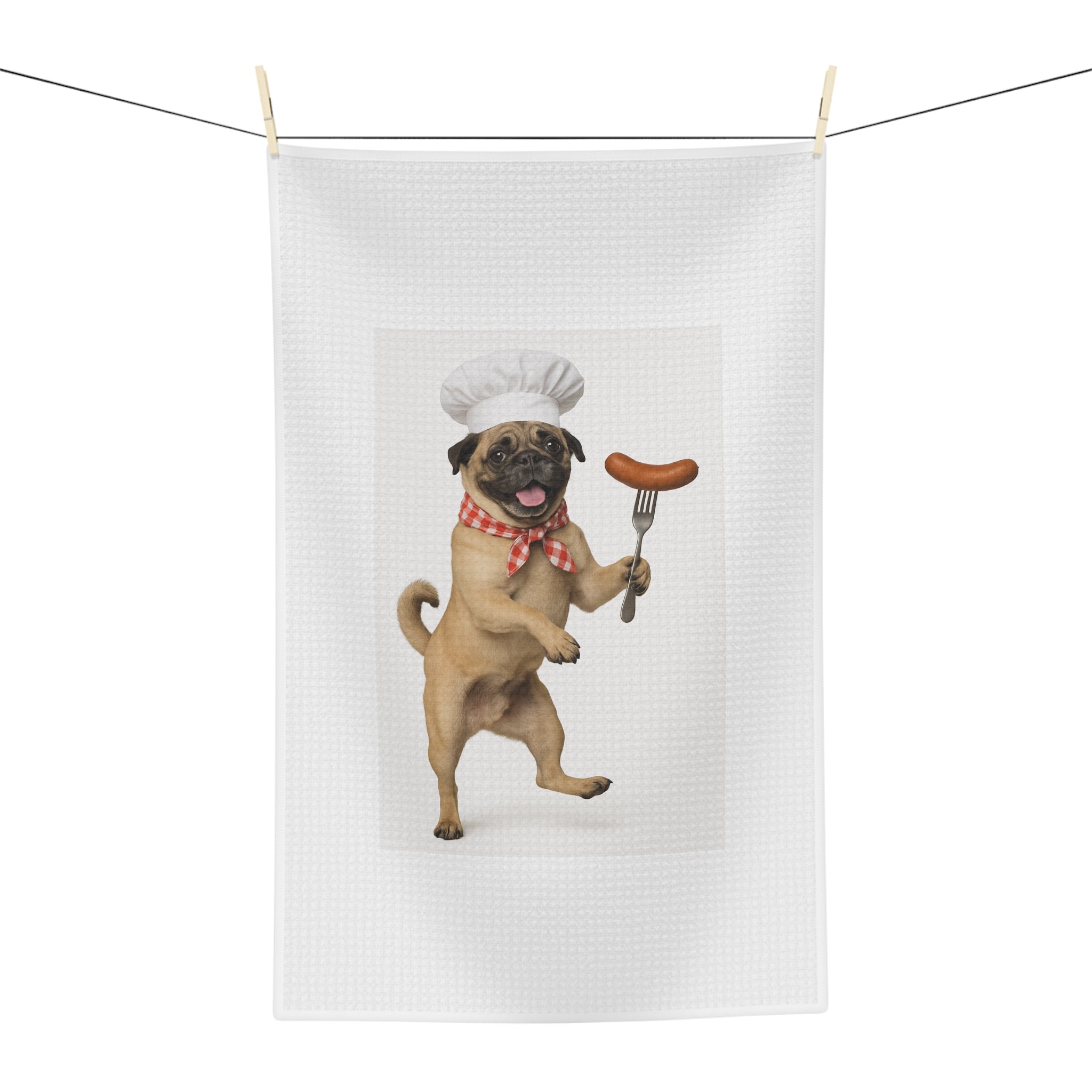 Pug Chef Tea Towel – Cute Pug with Chef Hat & Sausage Kitchen Towel