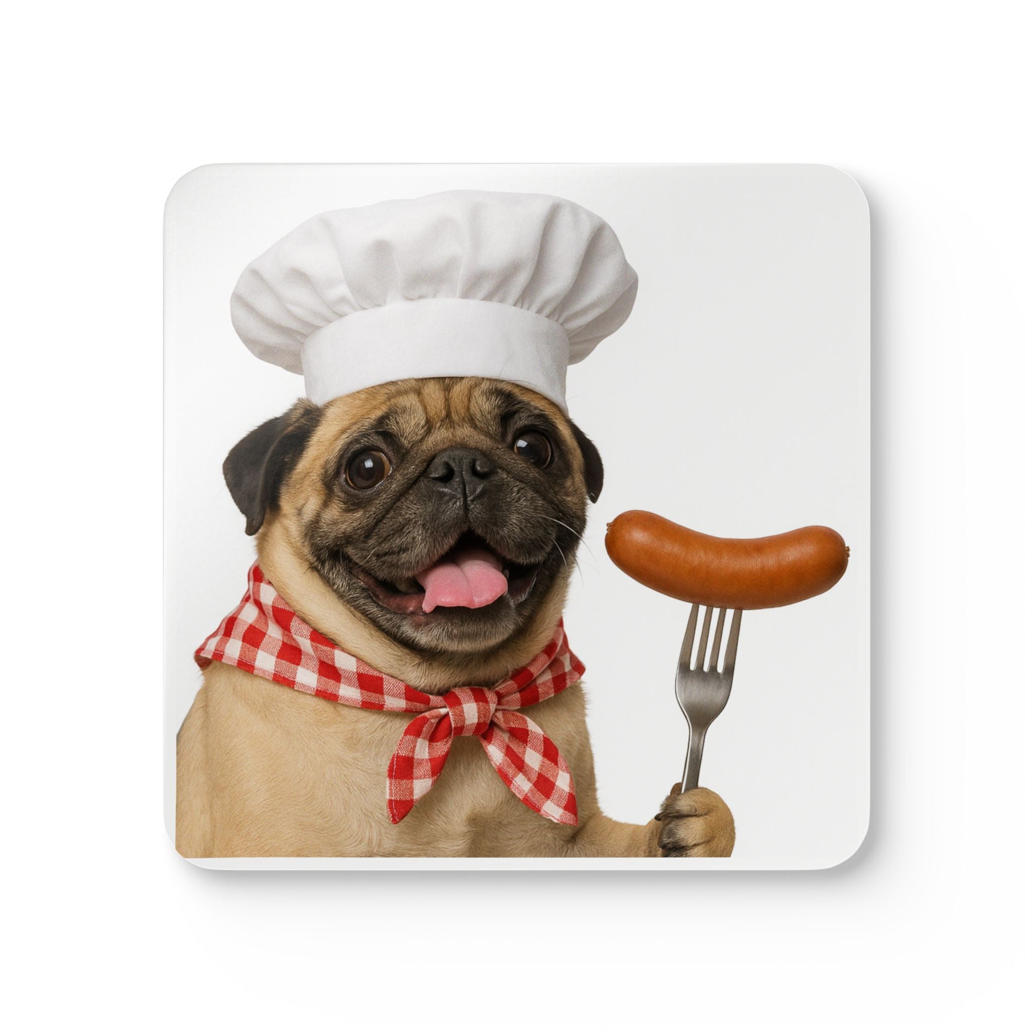 Otis Pug Chef Cork Coaster Set – Cute Dog with Sausage Kitchen Drink Coasters (4-Pack)