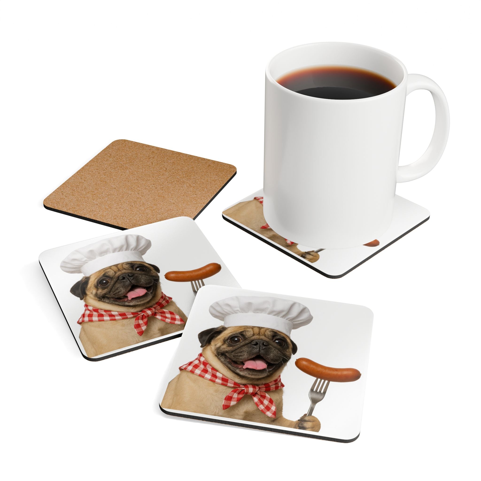 Otis Pug Chef Cork Coaster Set – Cute Dog with Sausage Kitchen Drink Coasters (4-Pack)
