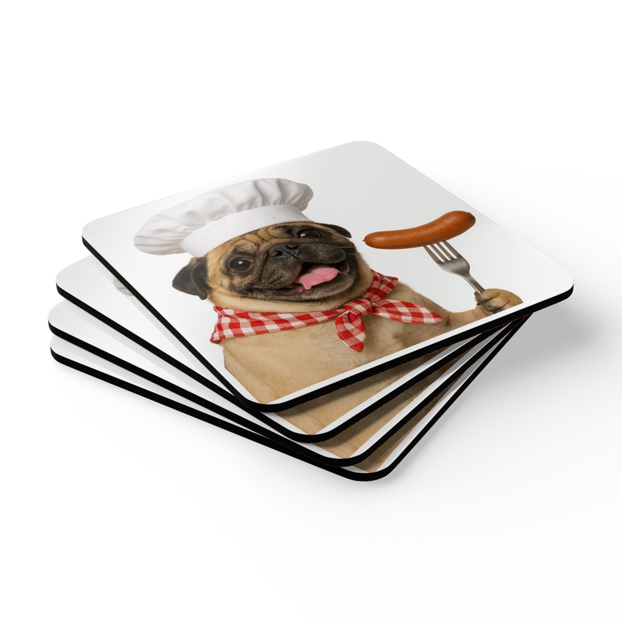 Otis Pug Chef Cork Coaster Set – Cute Dog with Sausage Kitchen Drink Coasters (4-Pack)