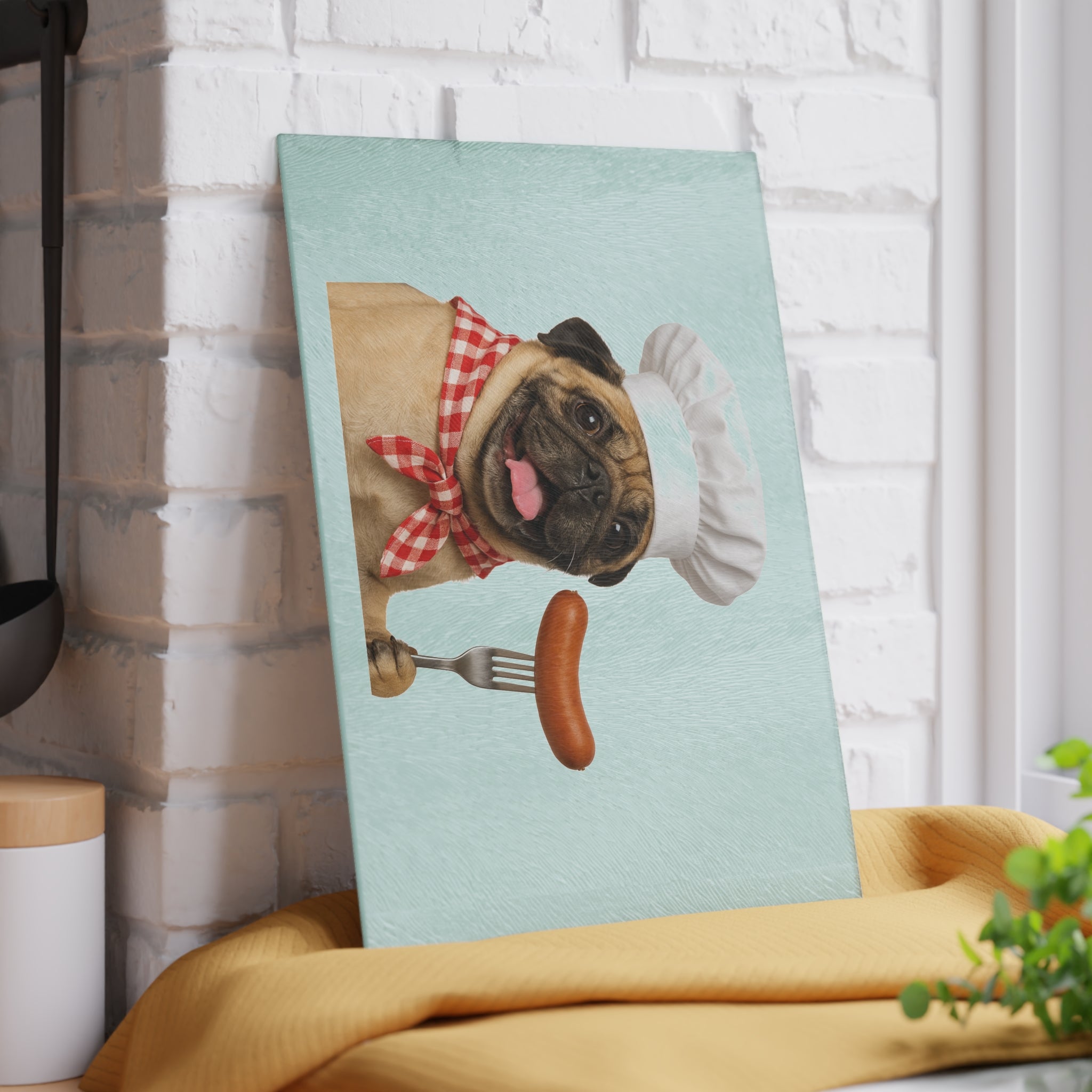 Glass Cutting Board - Cute Chef Pug with Sausage Kitchen Decor