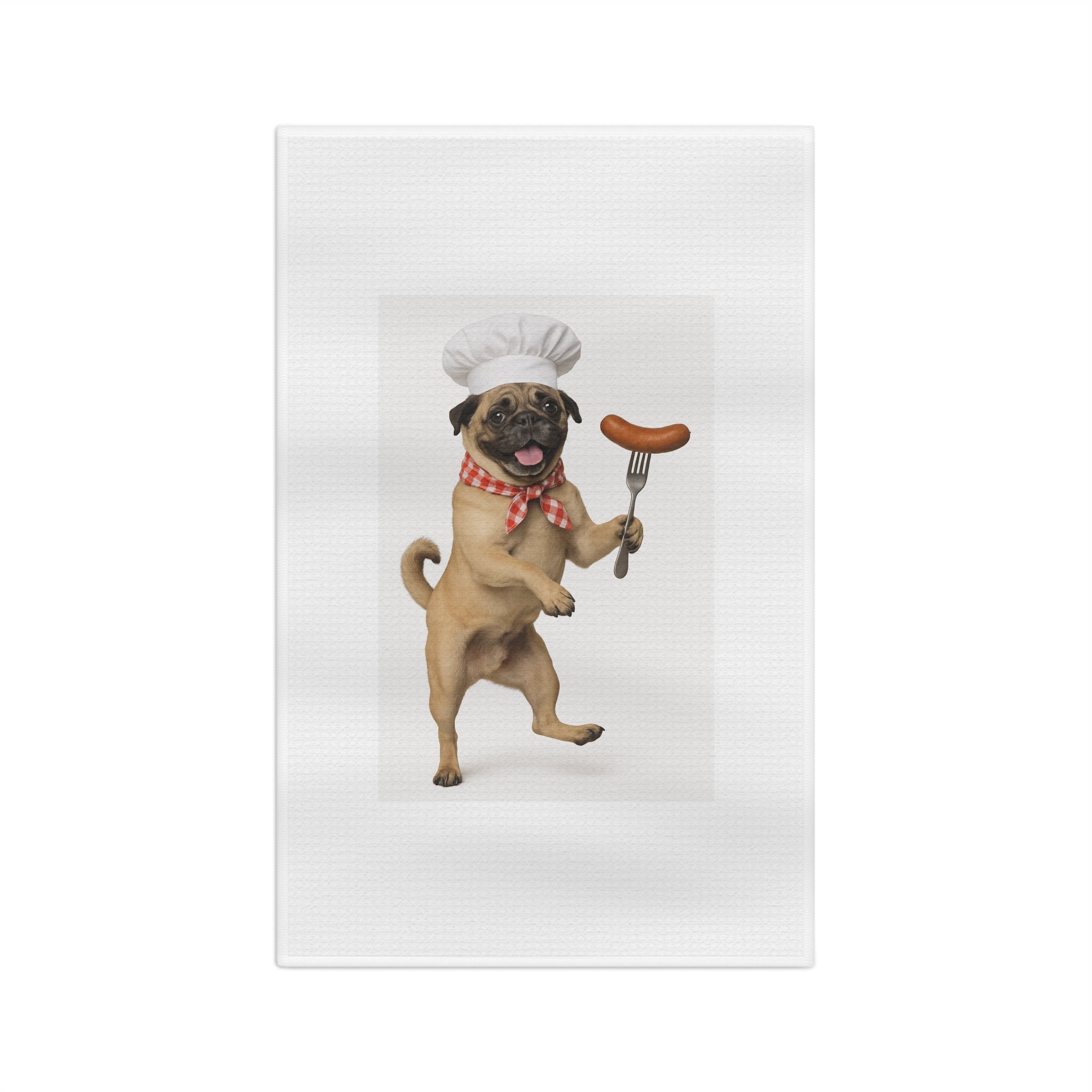 Pug Chef Tea Towel – Cute Pug with Chef Hat & Sausage Kitchen Towel