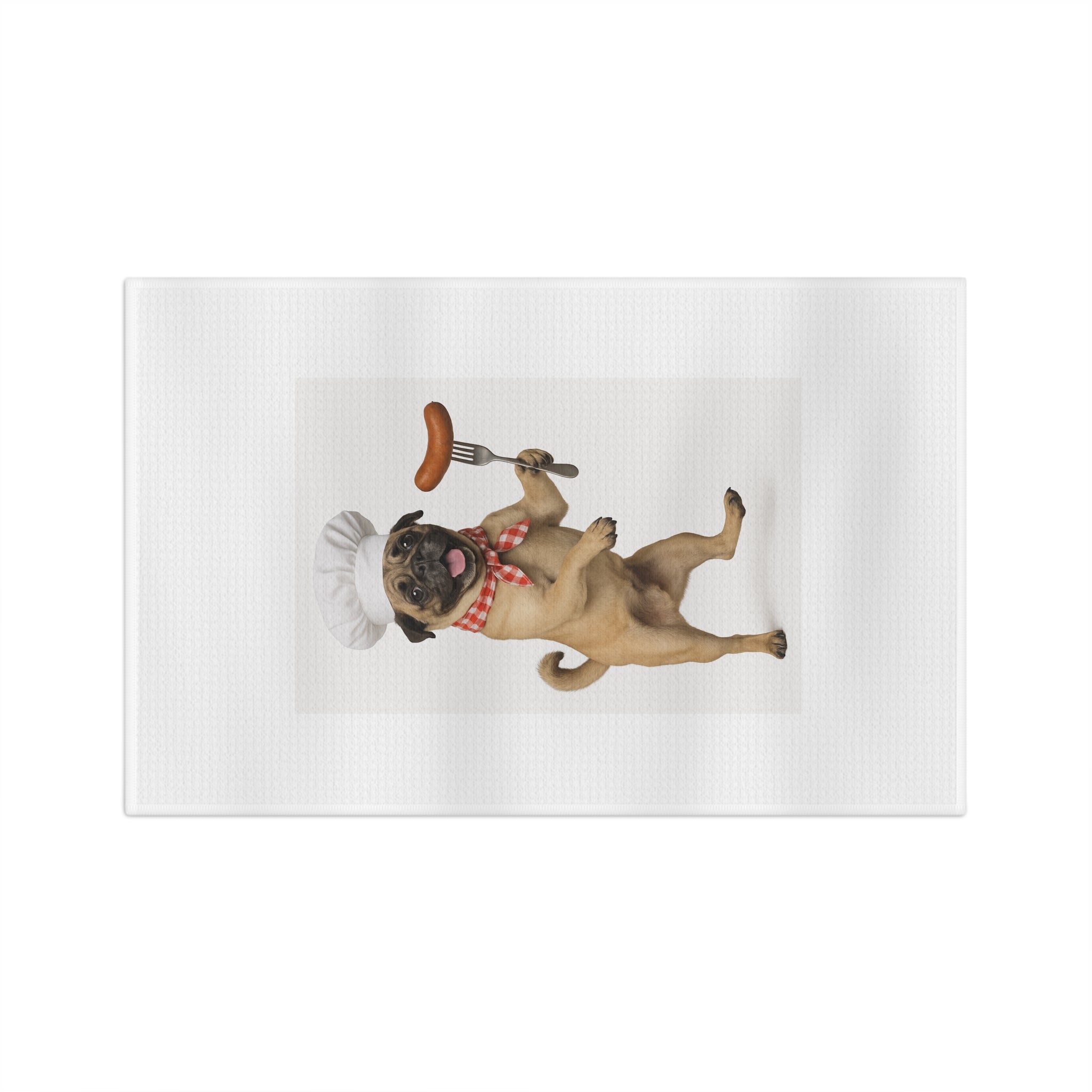 Pug Chef Tea Towel – Cute Pug with Chef Hat & Sausage Kitchen Towel