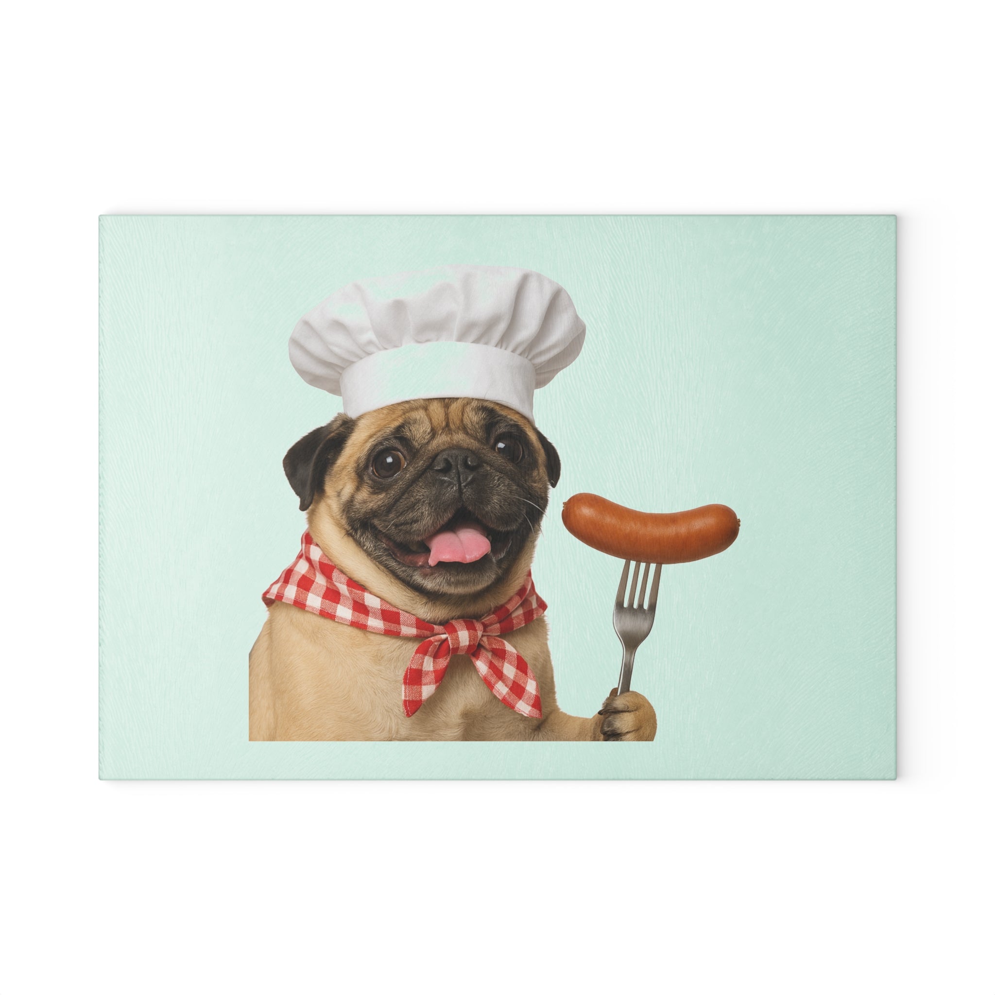 Glass Cutting Board - Cute Chef Pug with Sausage Kitchen Decor