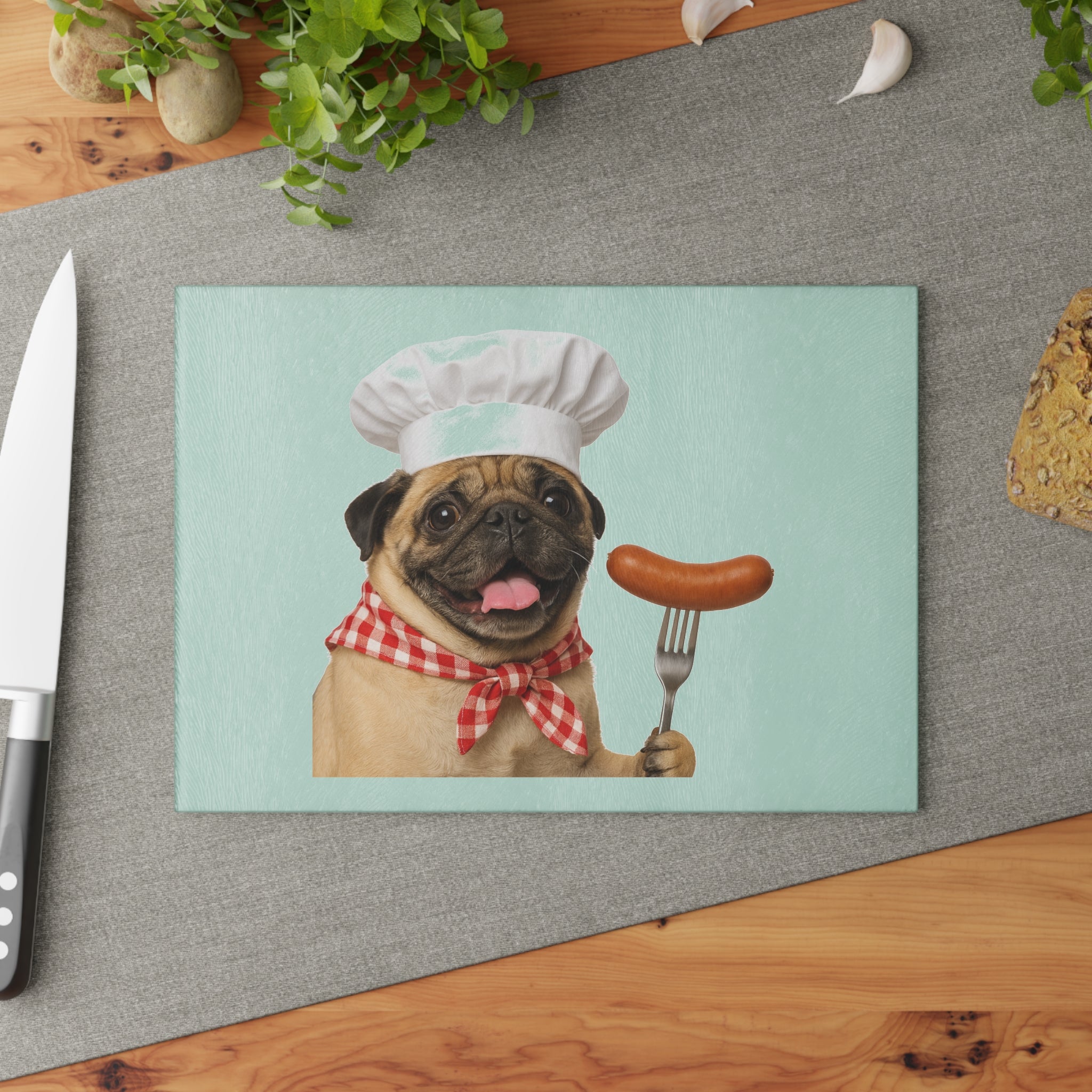 Glass Cutting Board - Cute Chef Pug with Sausage Kitchen Decor