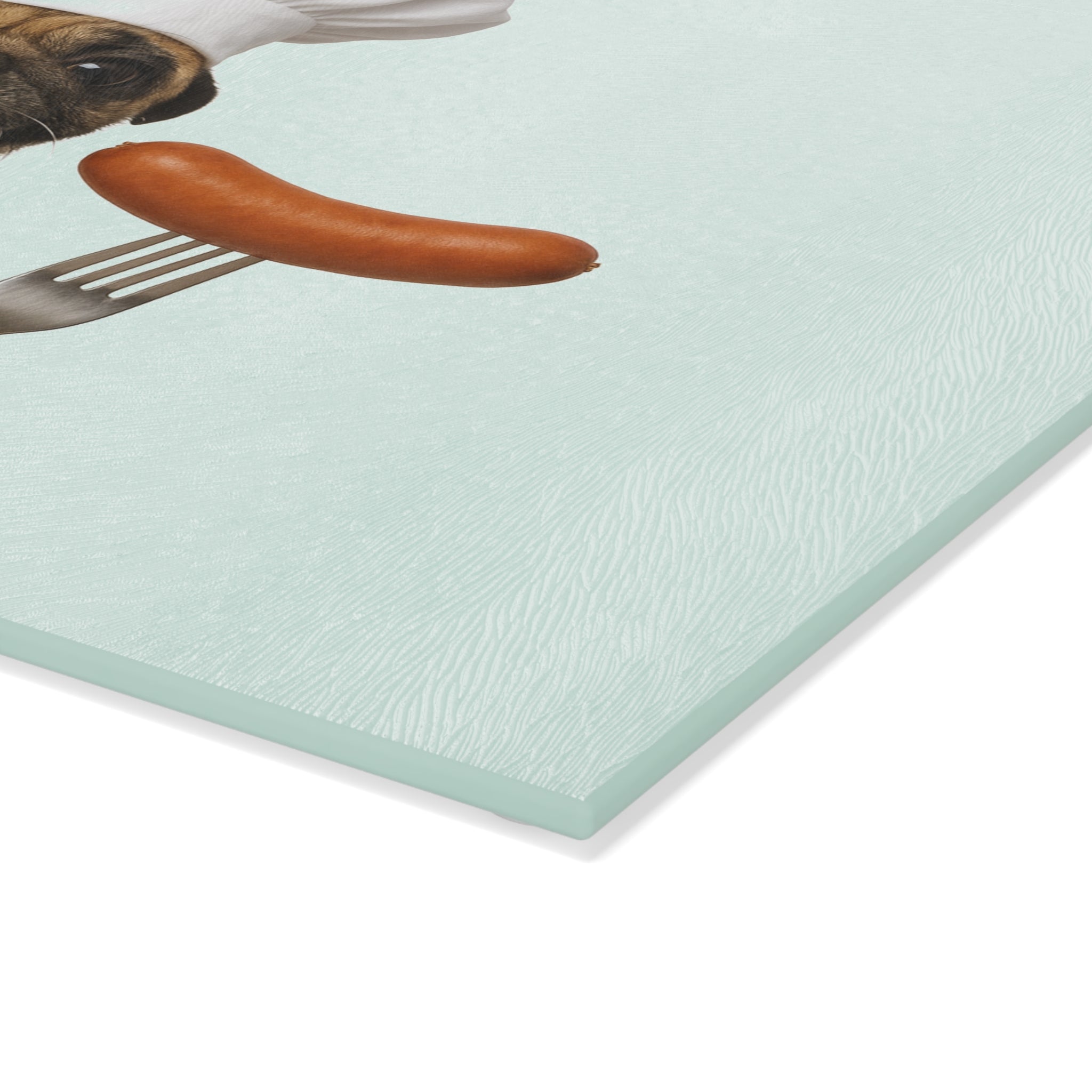 Glass Cutting Board - Cute Chef Pug with Sausage Kitchen Decor