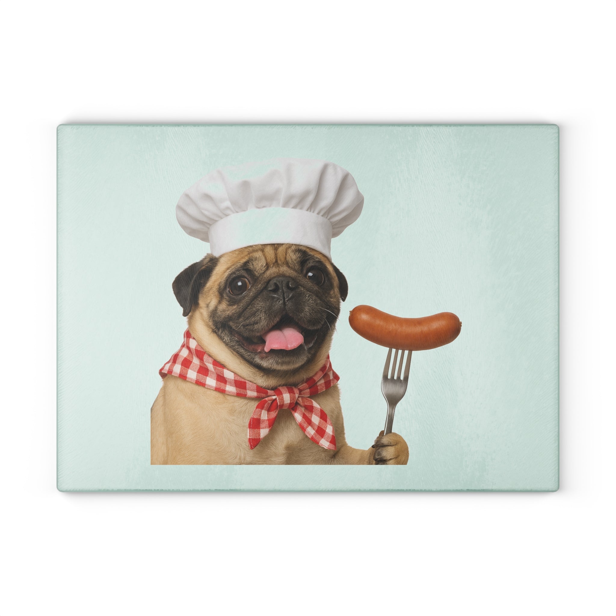 Glass Cutting Board - Cute Chef Pug with Sausage Kitchen Decor