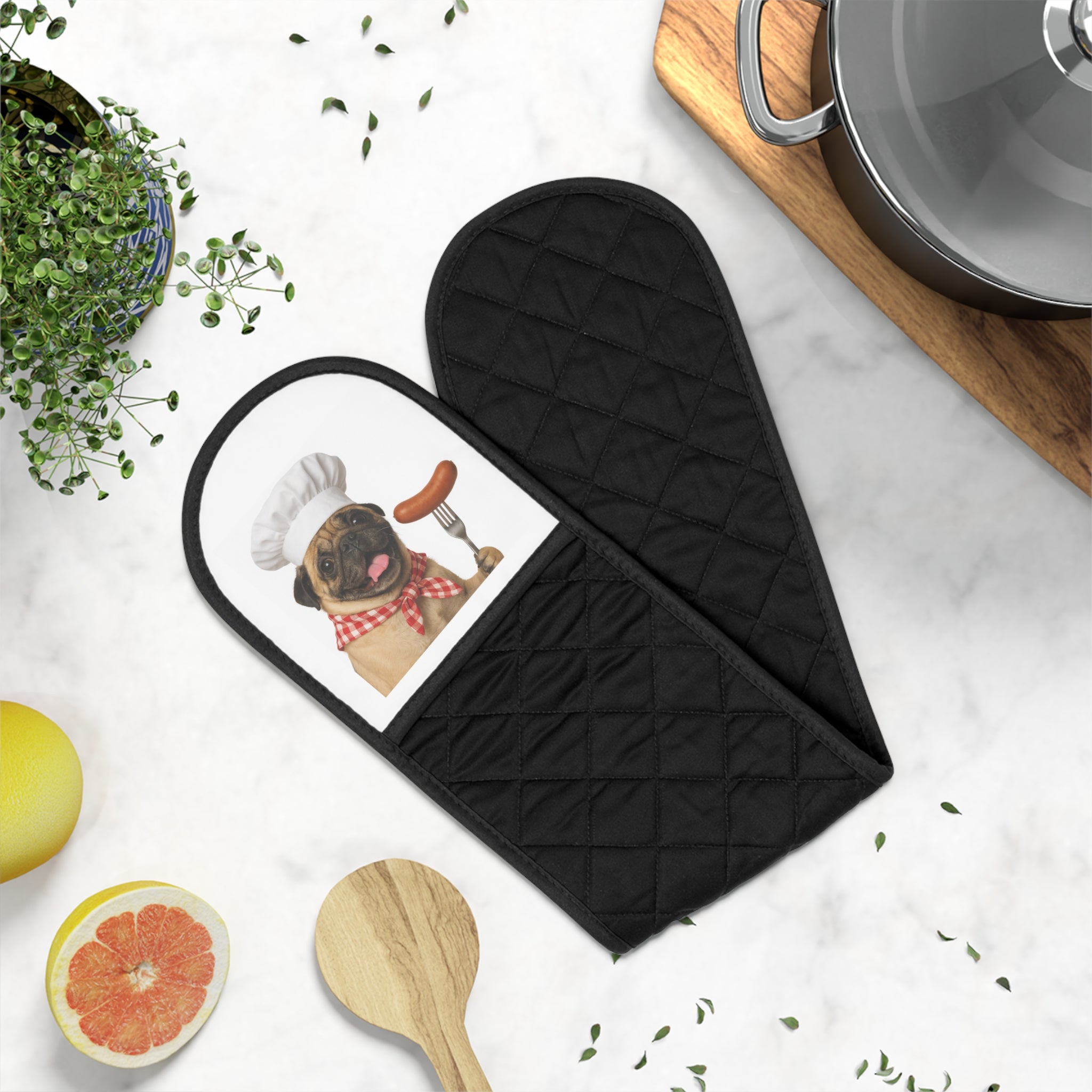 Otis Pug Chef Oven Mitts - Cute Pug Chef Double Pot Holder for Baking & Grilling