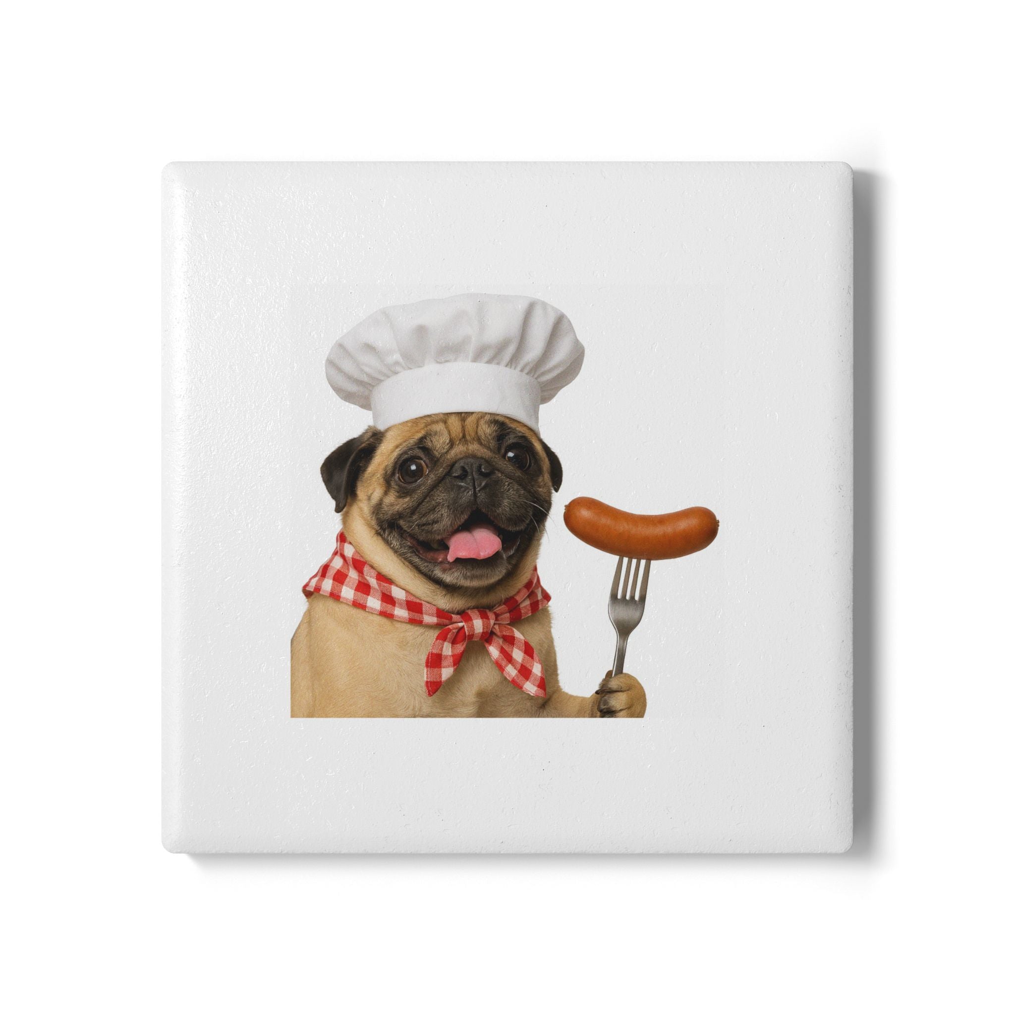 Otis Pug Chef Ceramic Coaster — Cute Dog with Sausage Kitchen Drink Coaster