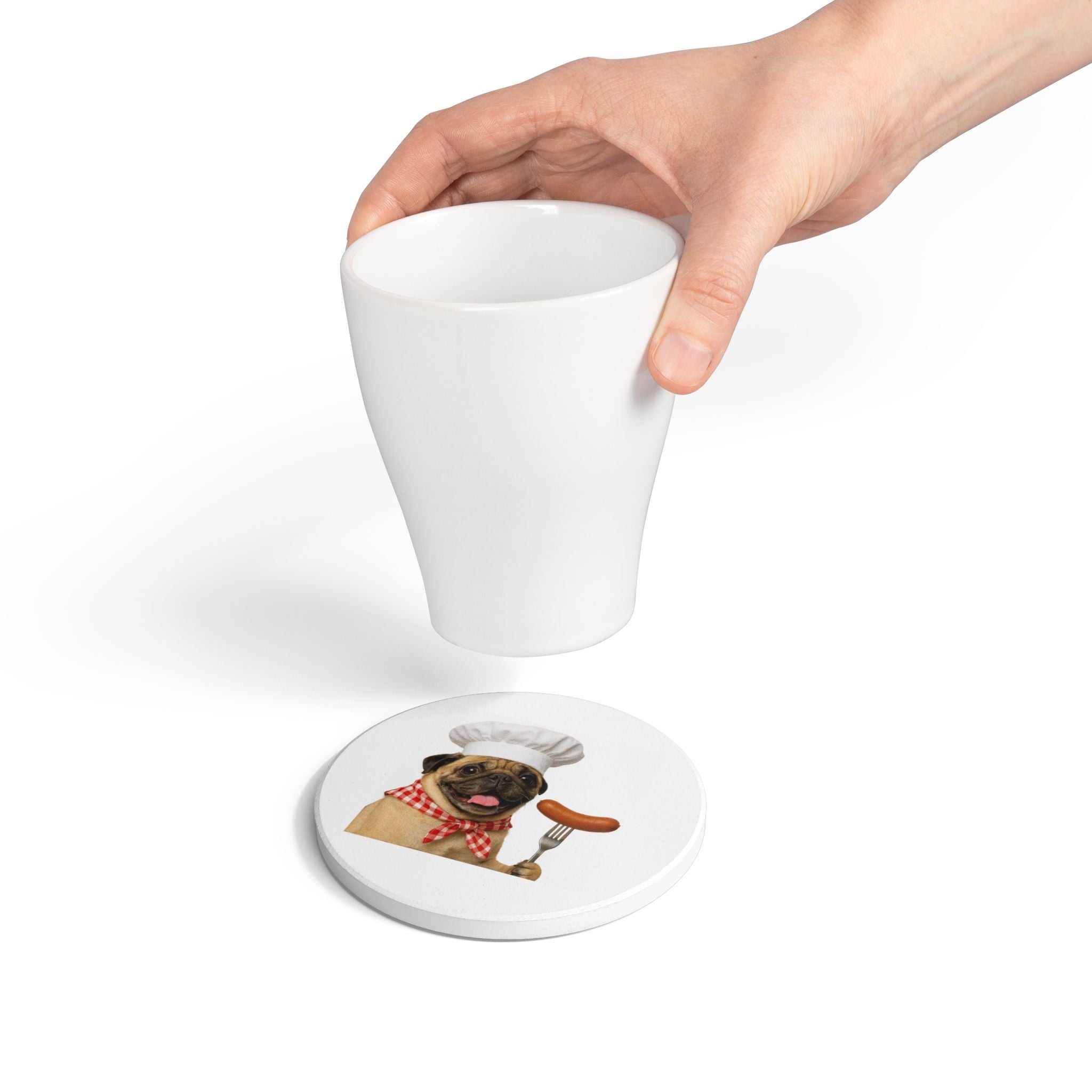 Otis Pug Chef Ceramic Coaster — Cute Dog with Sausage Kitchen Drink Coaster